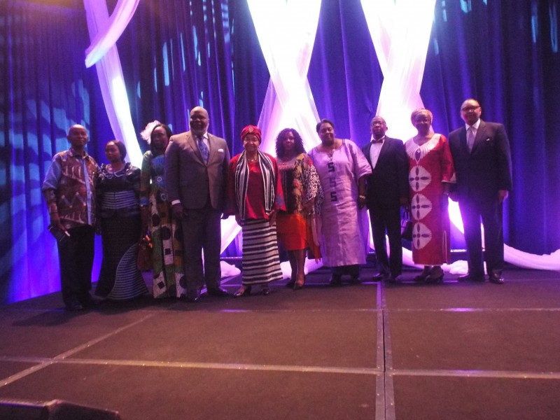President Sirleaf with Bishop and First Lady T.D. Jakes, pose with the Liberian delegation at the Women Womens Economic Empowerment Breakfast